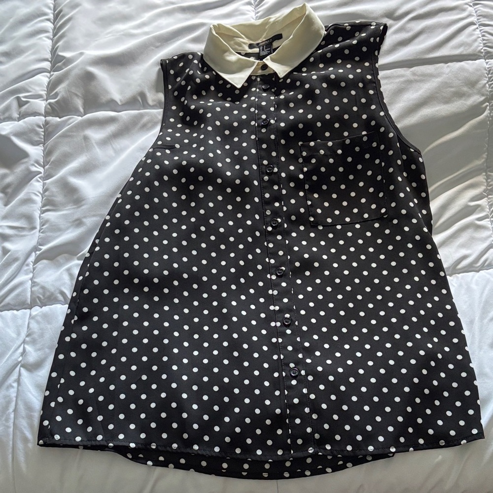 Forever 21 Black and White Polka Dot Blouse with Contrast Collar